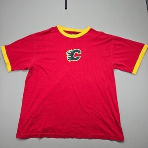 Vintage CCM NHL Calgary Flames T-Shirt Mens XL Red Hockey Logo Ringer‎ Tee